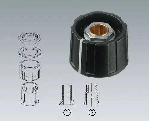 (1) durchgehende Achsbohrung, (2) abgestufte Achsbohrung