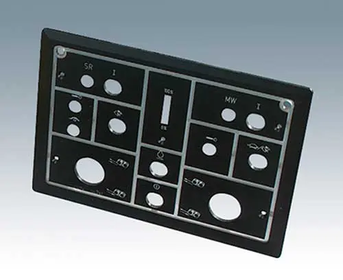 Plexiglasplatte lackiert, Beschriftung und Symbole graviert