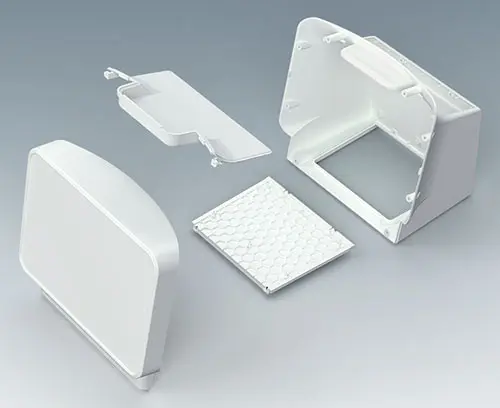 Struttura composta da 4 elementi: contenitore base, pannello frontale di comando, copertura dell'incavo per le dita e piastra di base